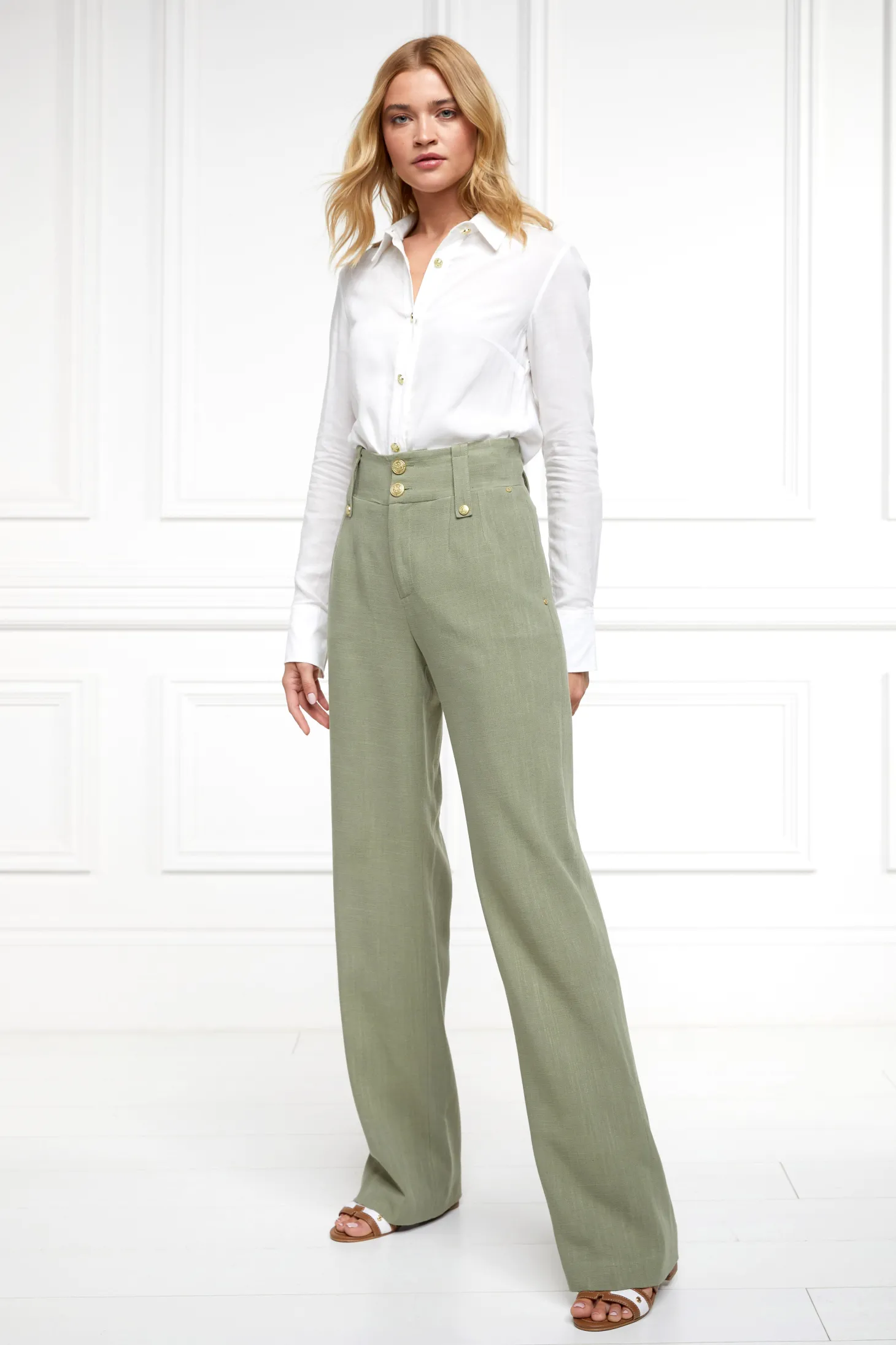 Women Holland Cooper Trousers | Tailoring | High Waisted Straight Trouser (Sage Linen)