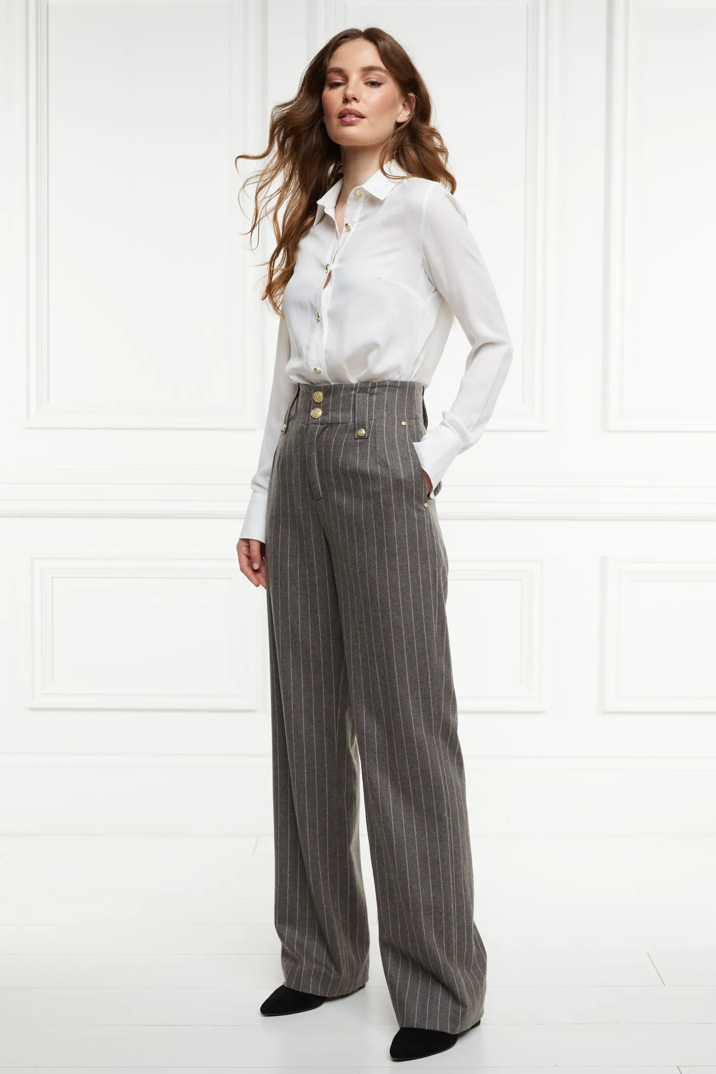 Women Holland Cooper Trousers | Tailoring | High Waisted Straight Trouser (Soft Grey Pinstripe)