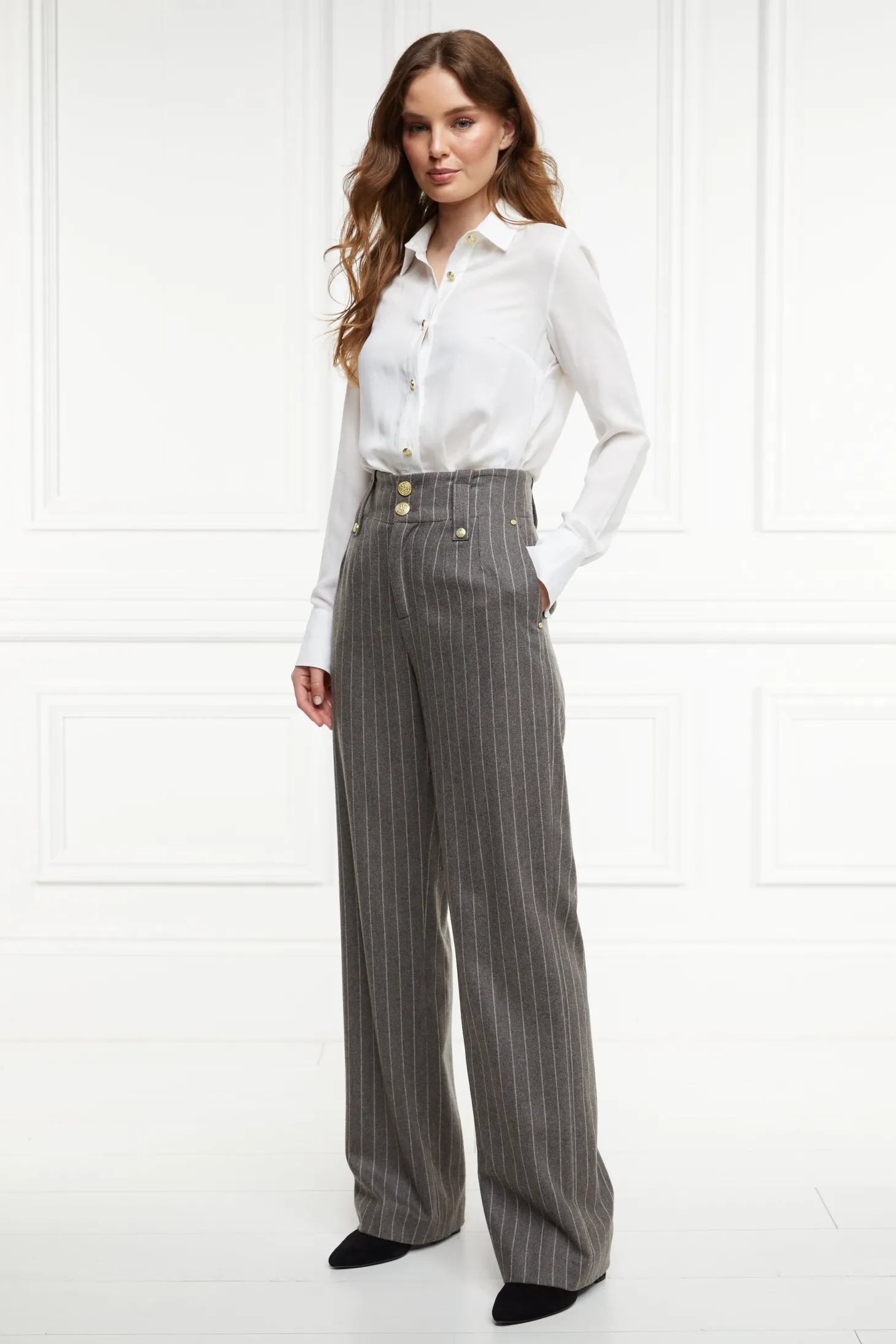 Women Holland Cooper Trousers | Tailoring | High Waisted Straight Trouser (Soft Grey Pinstripe)