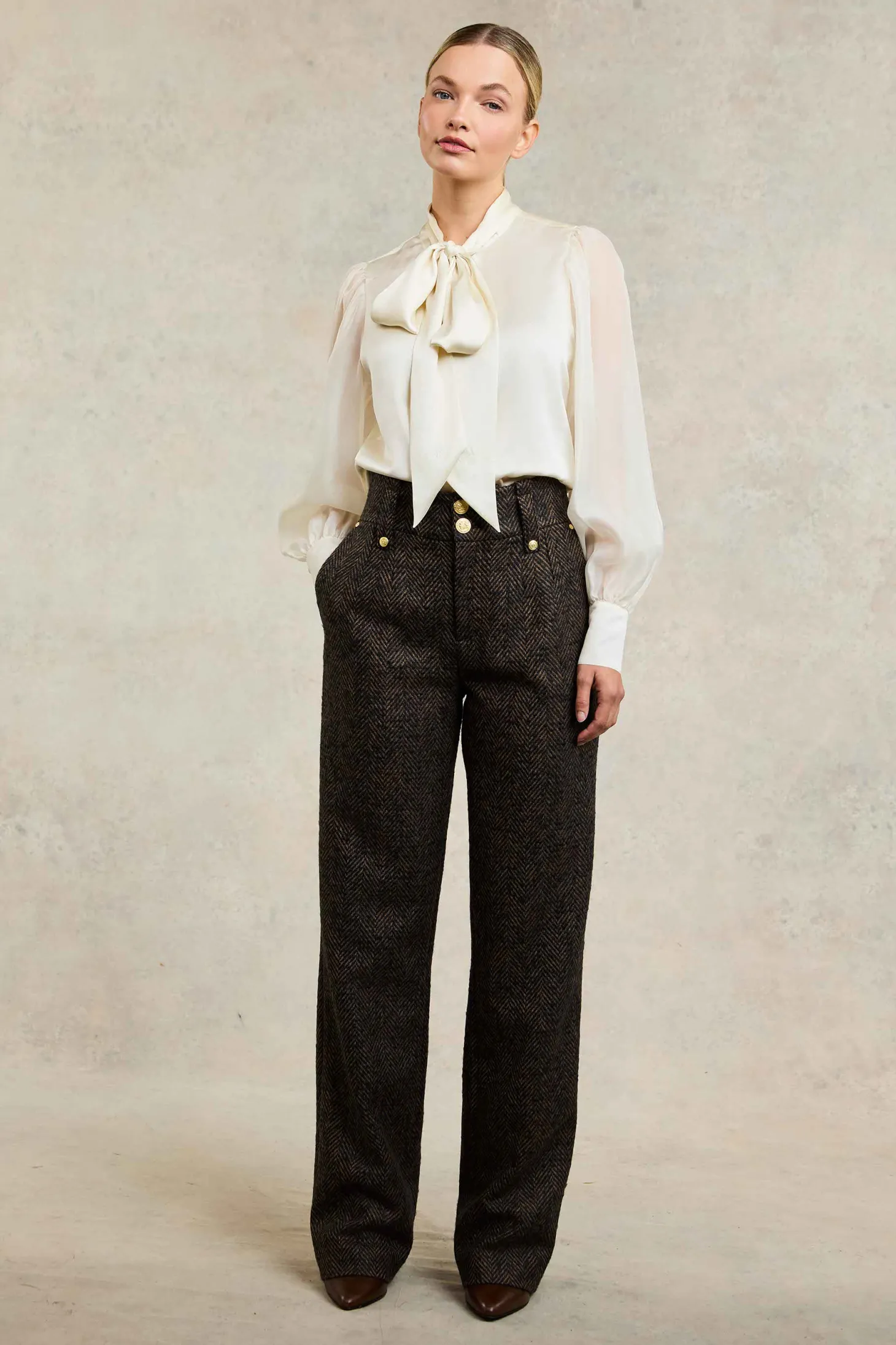 Women Holland Cooper Trousers | Tailoring | High Waisted Straight Trouser (Walnut Herringbone)