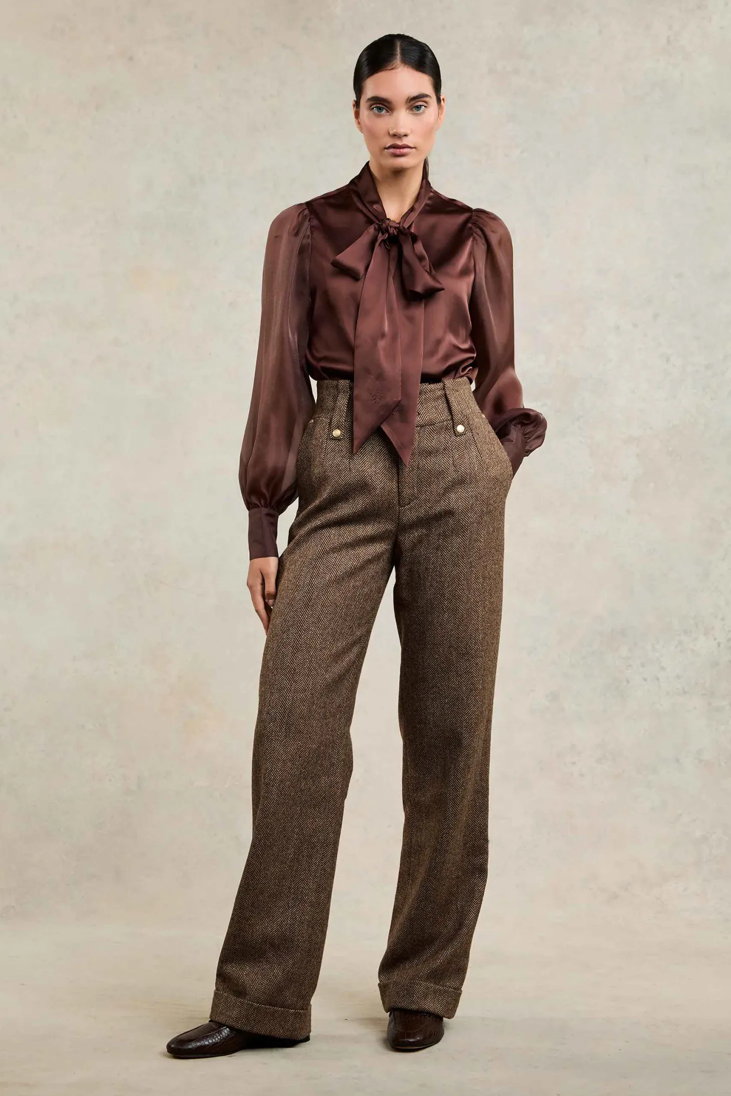 Women Holland Cooper Trousers | Tailoring | High Waisted Wide Leg Trouser (Large Scale Brown Herringbone)