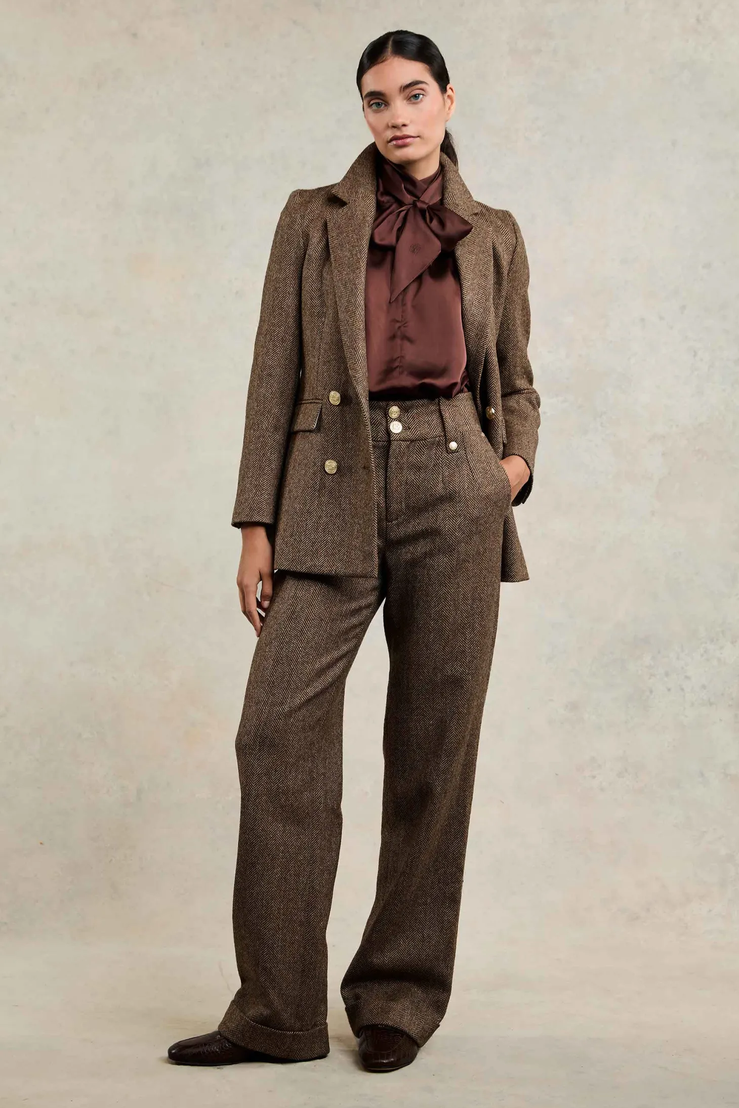 Women Holland Cooper Trousers | Tailoring | High Waisted Wide Leg Trouser (Large Scale Brown Herringbone)