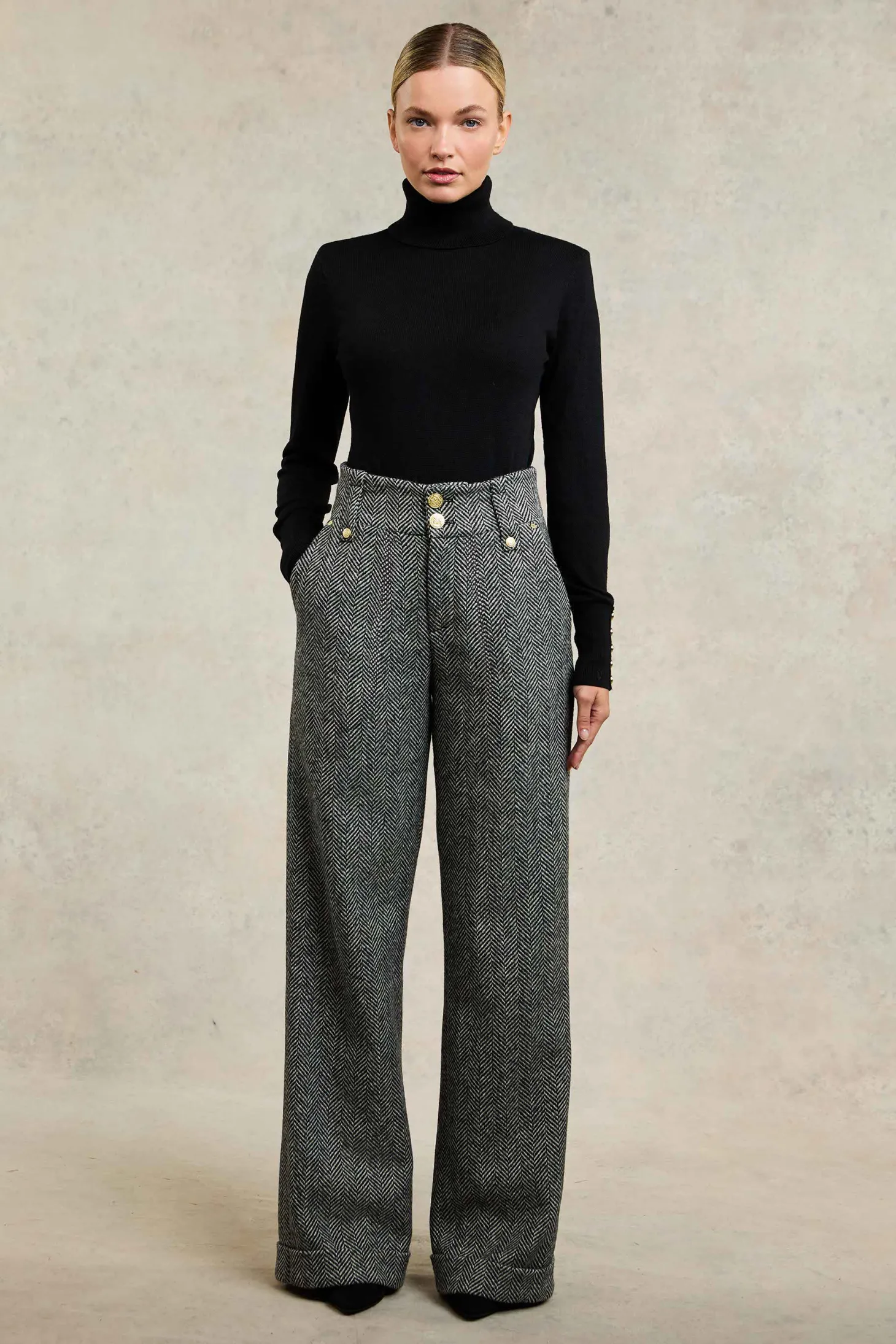 Women Holland Cooper Trousers | Tailoring | High Waisted Wide Leg Trouser (Wide Tooth Black Herringbone)