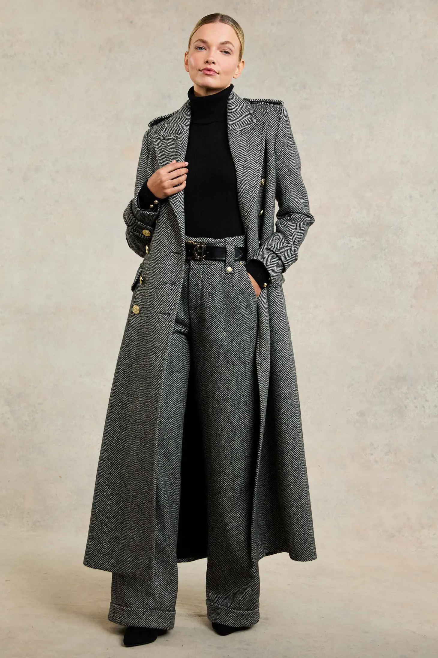 Women Holland Cooper Trousers | Tailoring | High Waisted Wide Leg Trouser (Wide Tooth Black Herringbone)