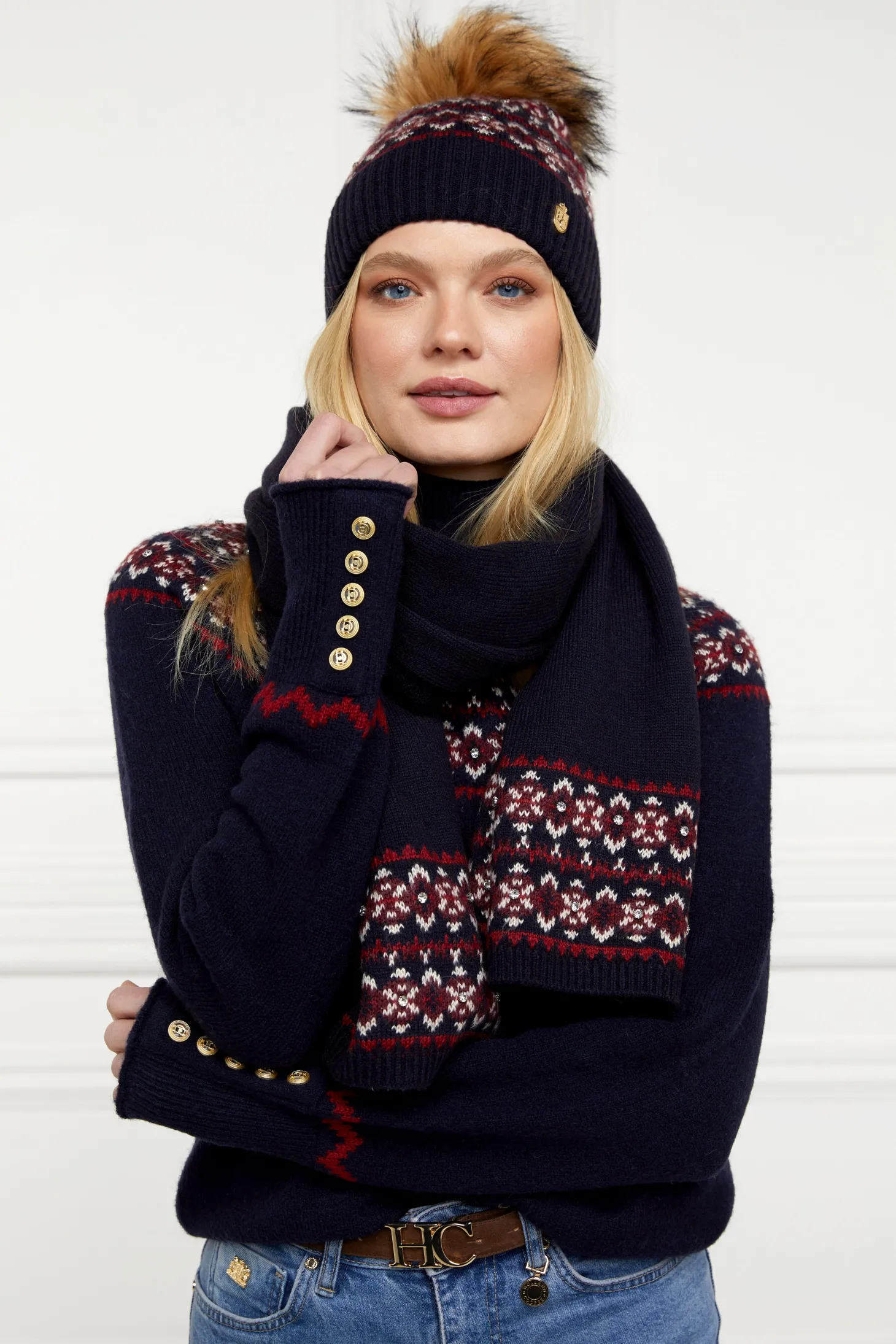 Women Holland Cooper Scarves | Scarves | Jennifer Fairisle Scarf (Ink Navy)