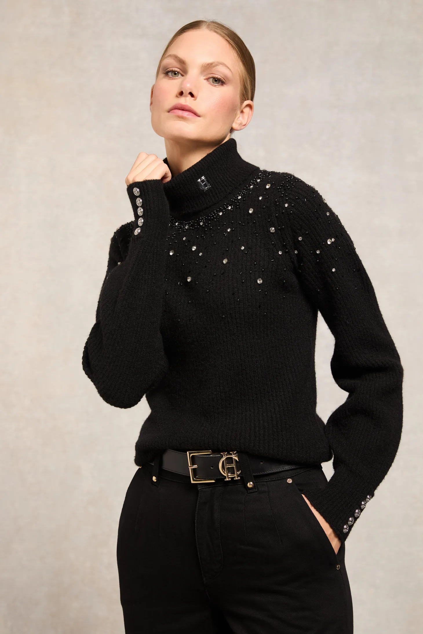 Women Holland Cooper Knitwear | Kelsie Rib Embellished Roll Neck