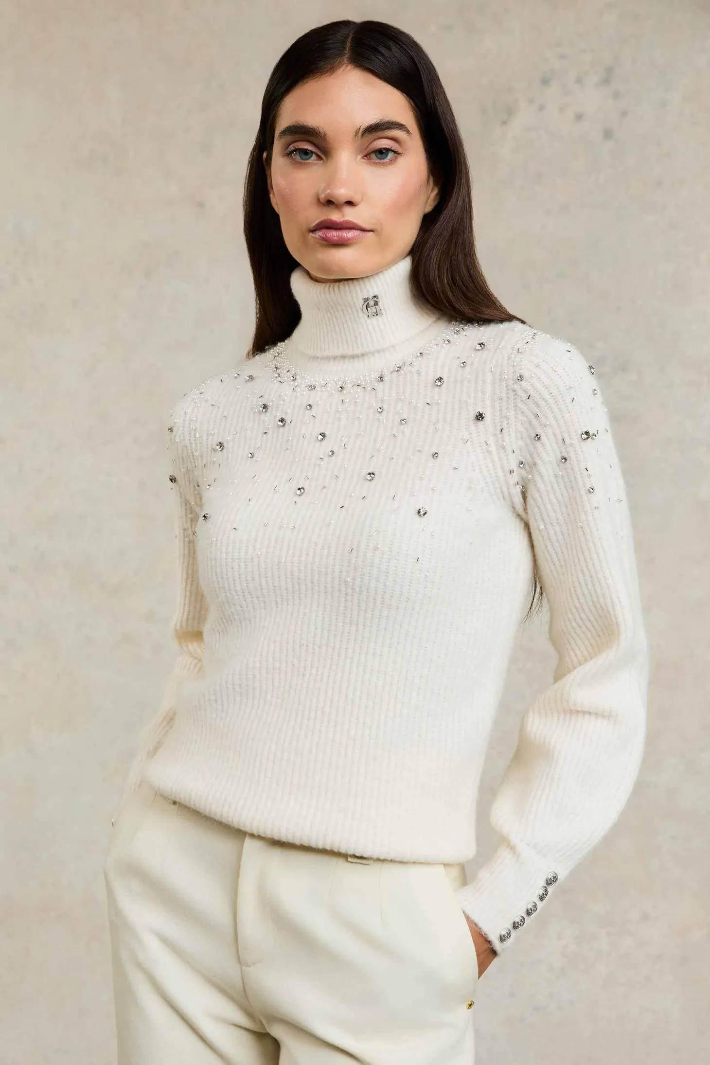 Women Holland Cooper Knitwear | Kelsie Rib Embellished Roll Neck