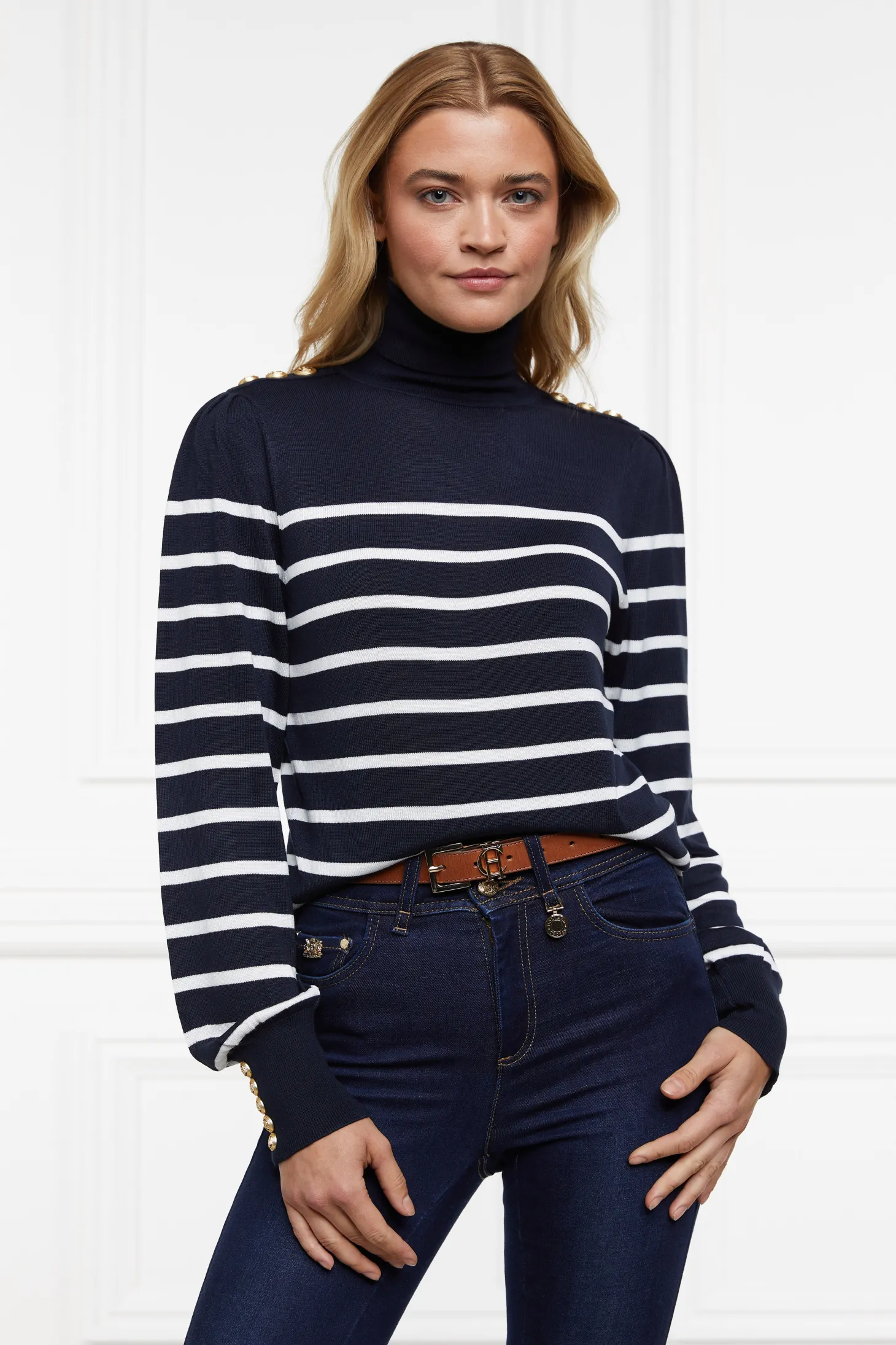 Women Holland Cooper Knitwear | Kelsie Roll Neck Knit (Ink Navy Natural Stripe)