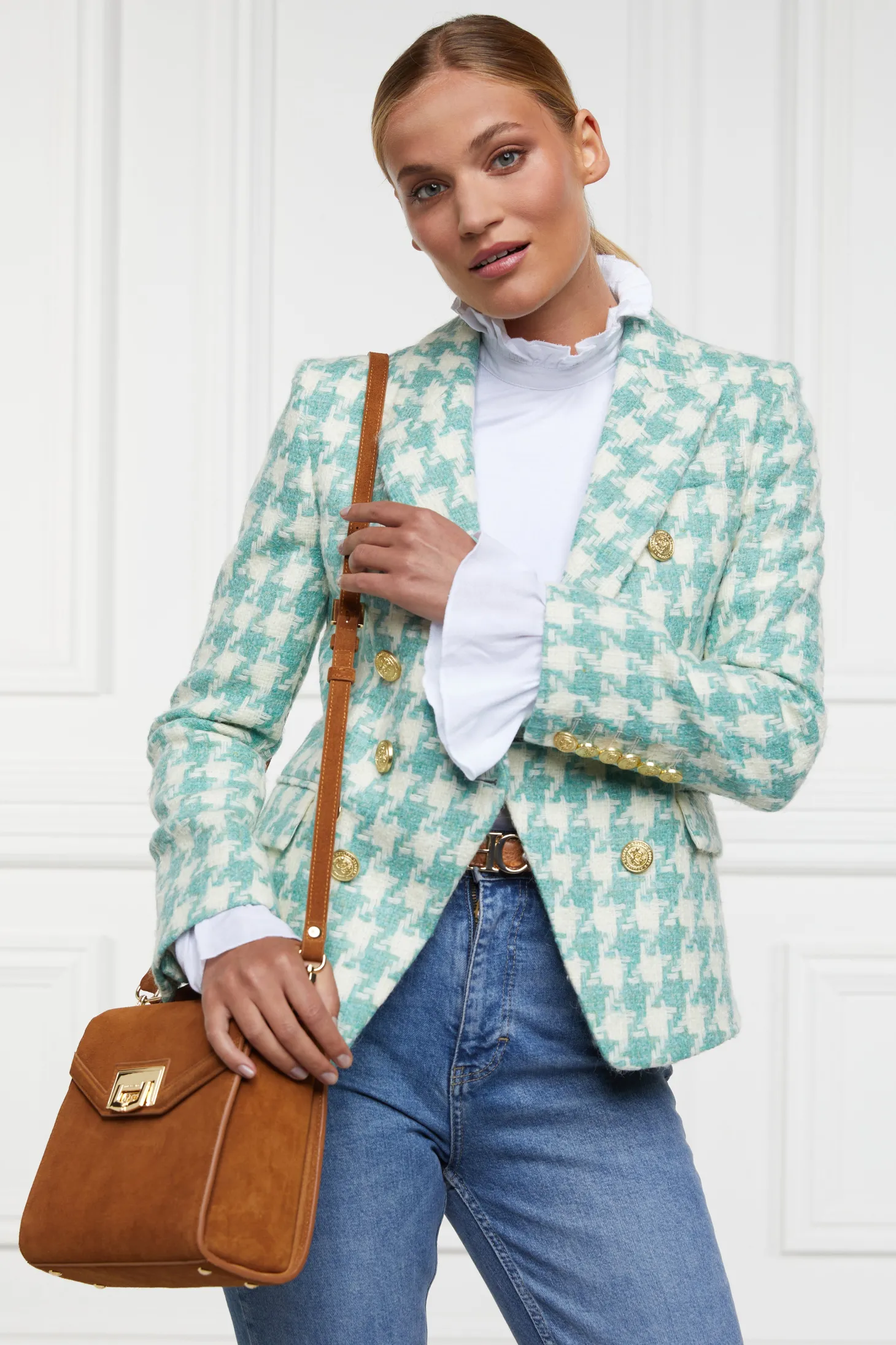 Women Holland Cooper Blazers | Tailoring | Knightsbridge Blazer (Large Scale Teal Houndstooth)