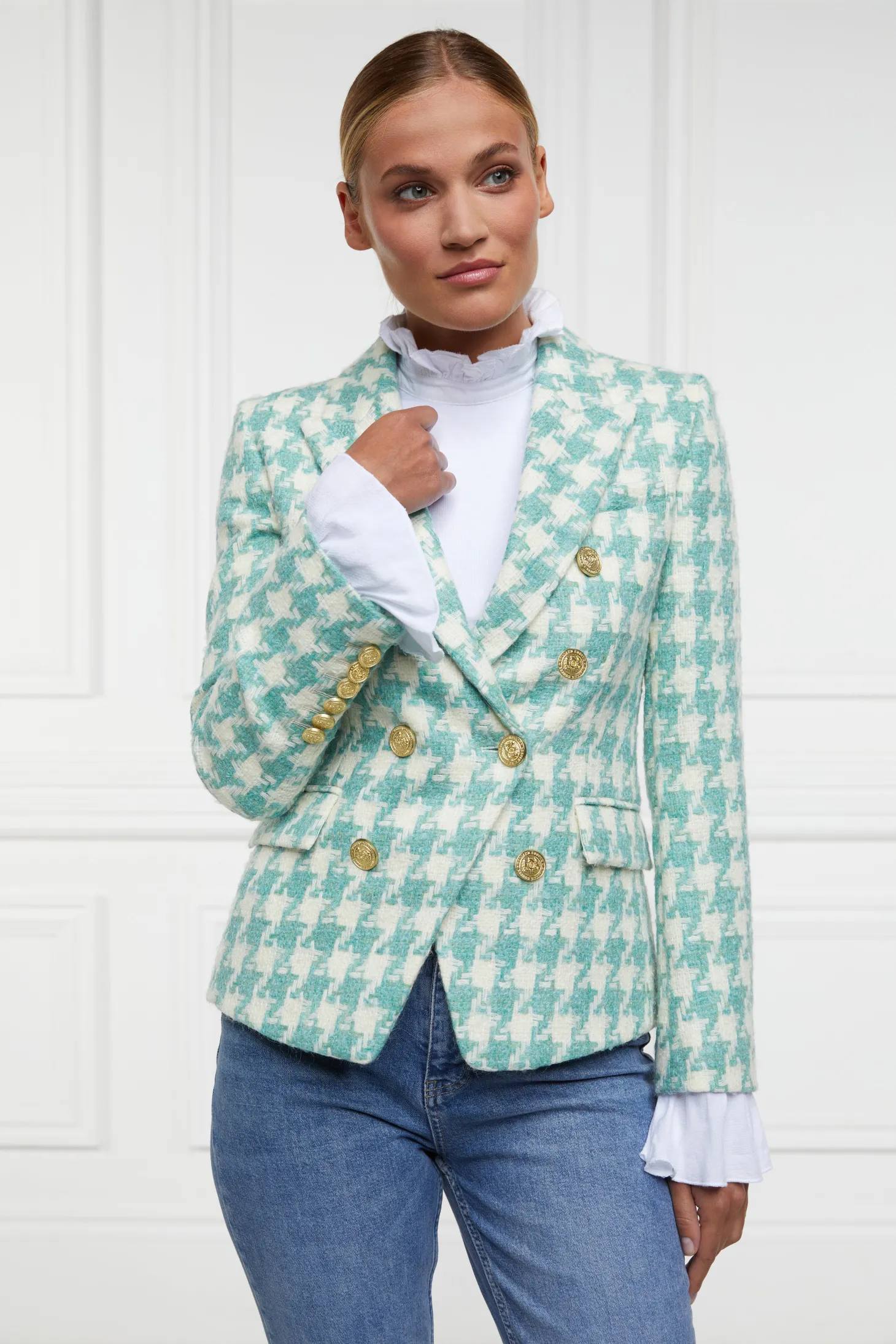 Women Holland Cooper Blazers | Tailoring | Knightsbridge Blazer (Large Scale Teal Houndstooth)