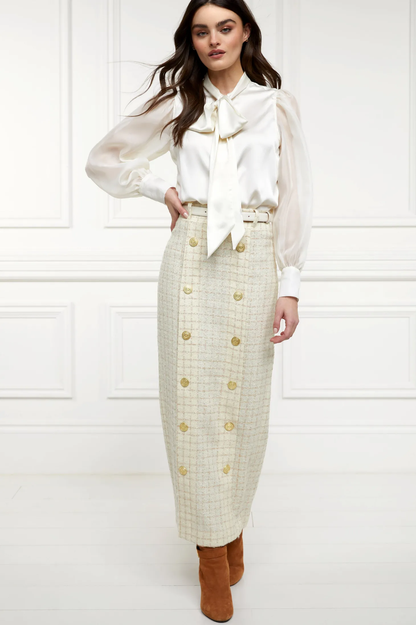 Women Holland Cooper Skirts | Tailoring | Knightsbridge Maxi Skirt (Ivory Sparkle Tweed)