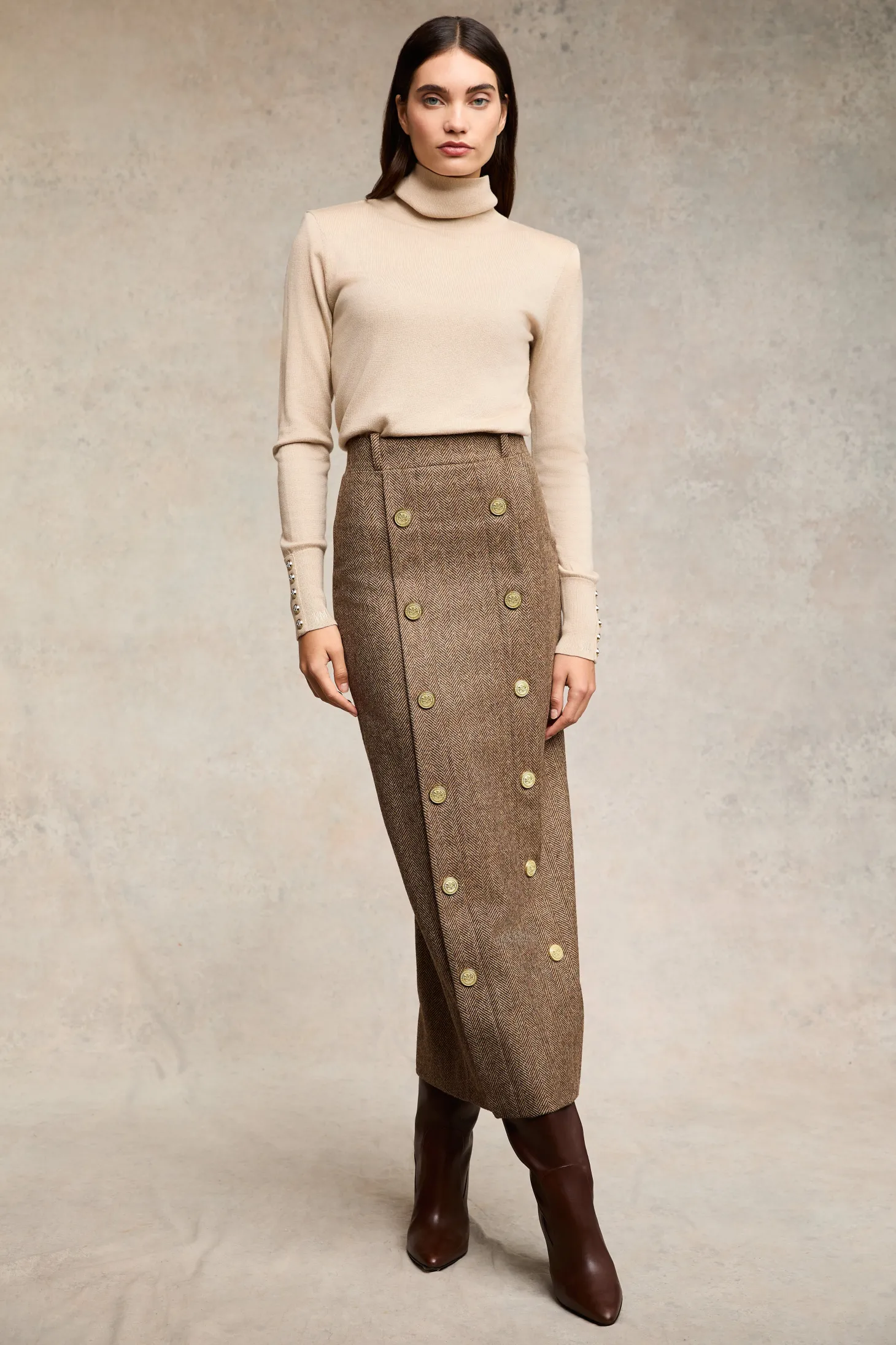 Women Holland Cooper Skirts | Tailoring | Knightsbridge Maxi Skirt (Large Scale Brown Herringbone)