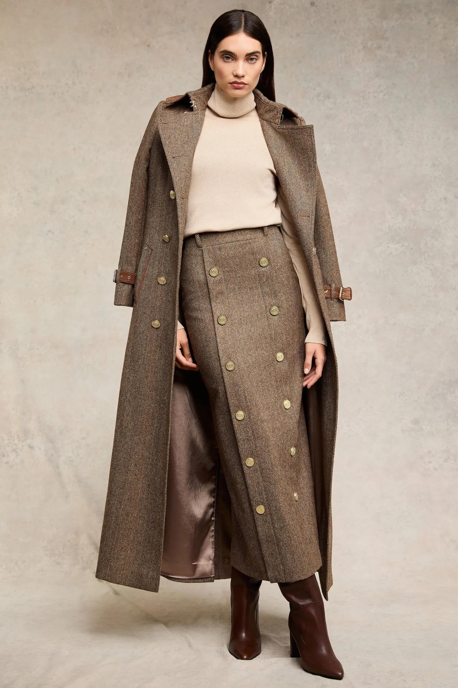 Women Holland Cooper Skirts | Tailoring | Knightsbridge Maxi Skirt (Large Scale Brown Herringbone)