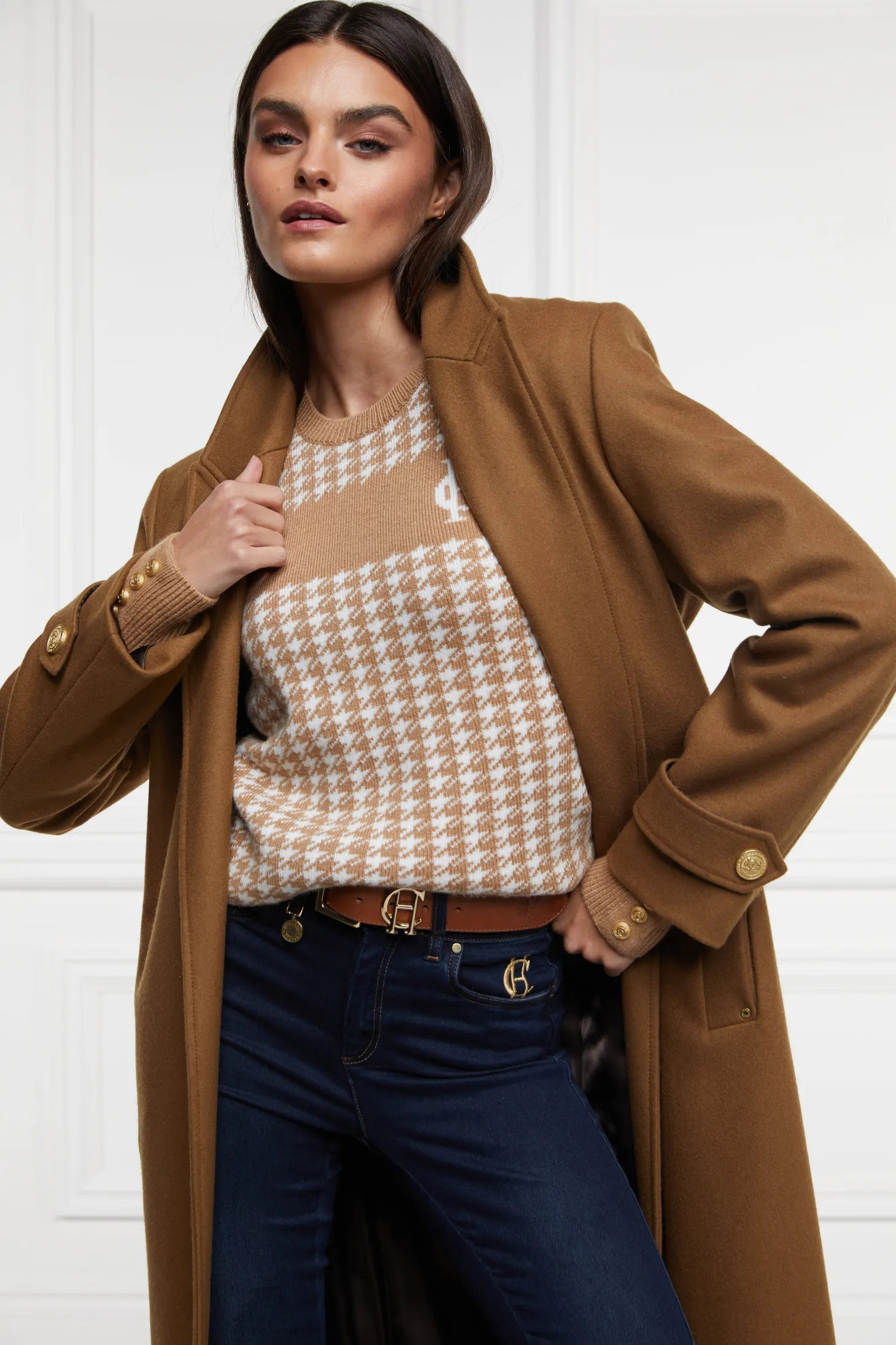 Women Holland Cooper Knitwear | Panel Crew Neck Knit (Camel Houndstooth)