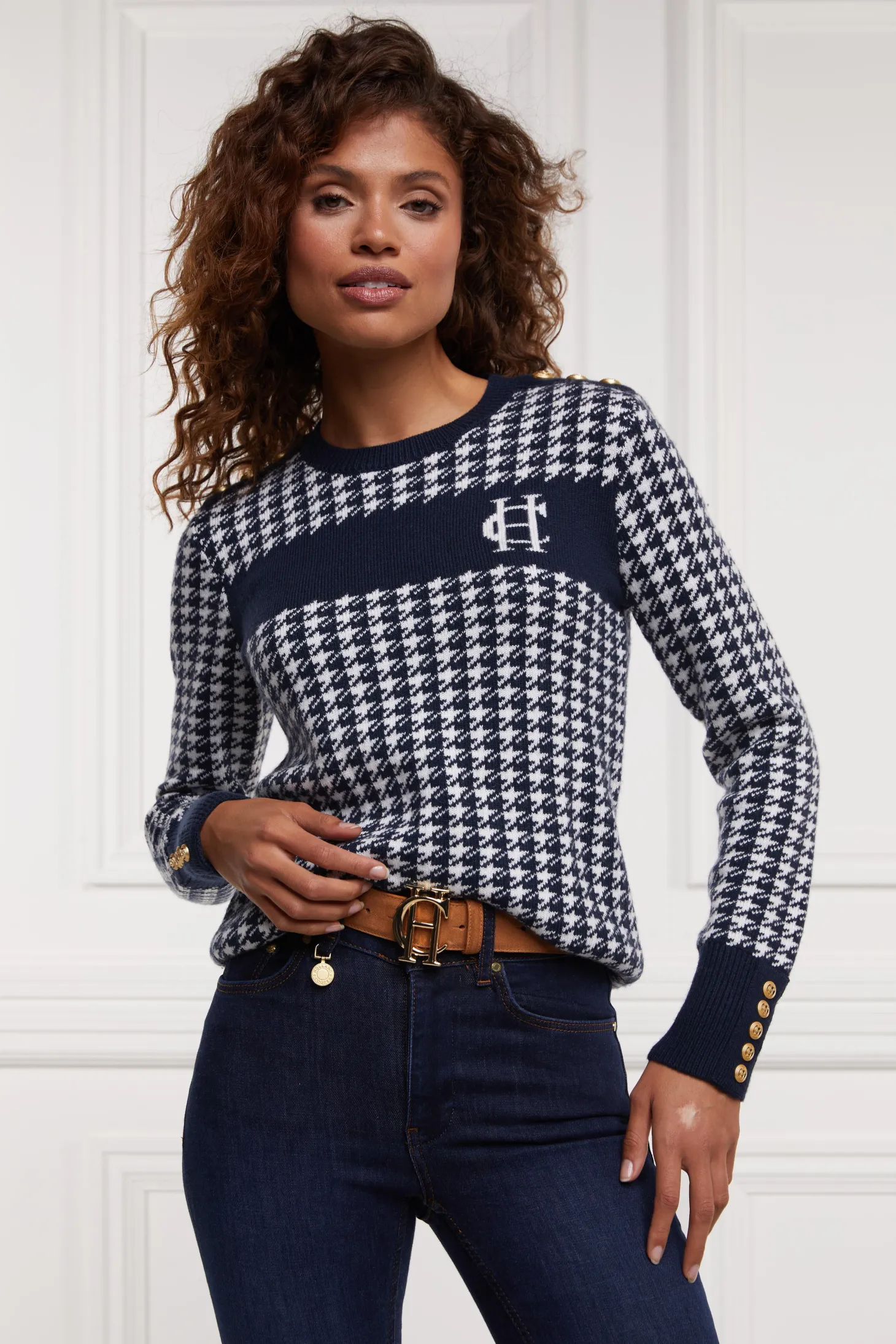 Women Holland Cooper Knitwear | Panel Crew Neck Knit (Ink Navy)