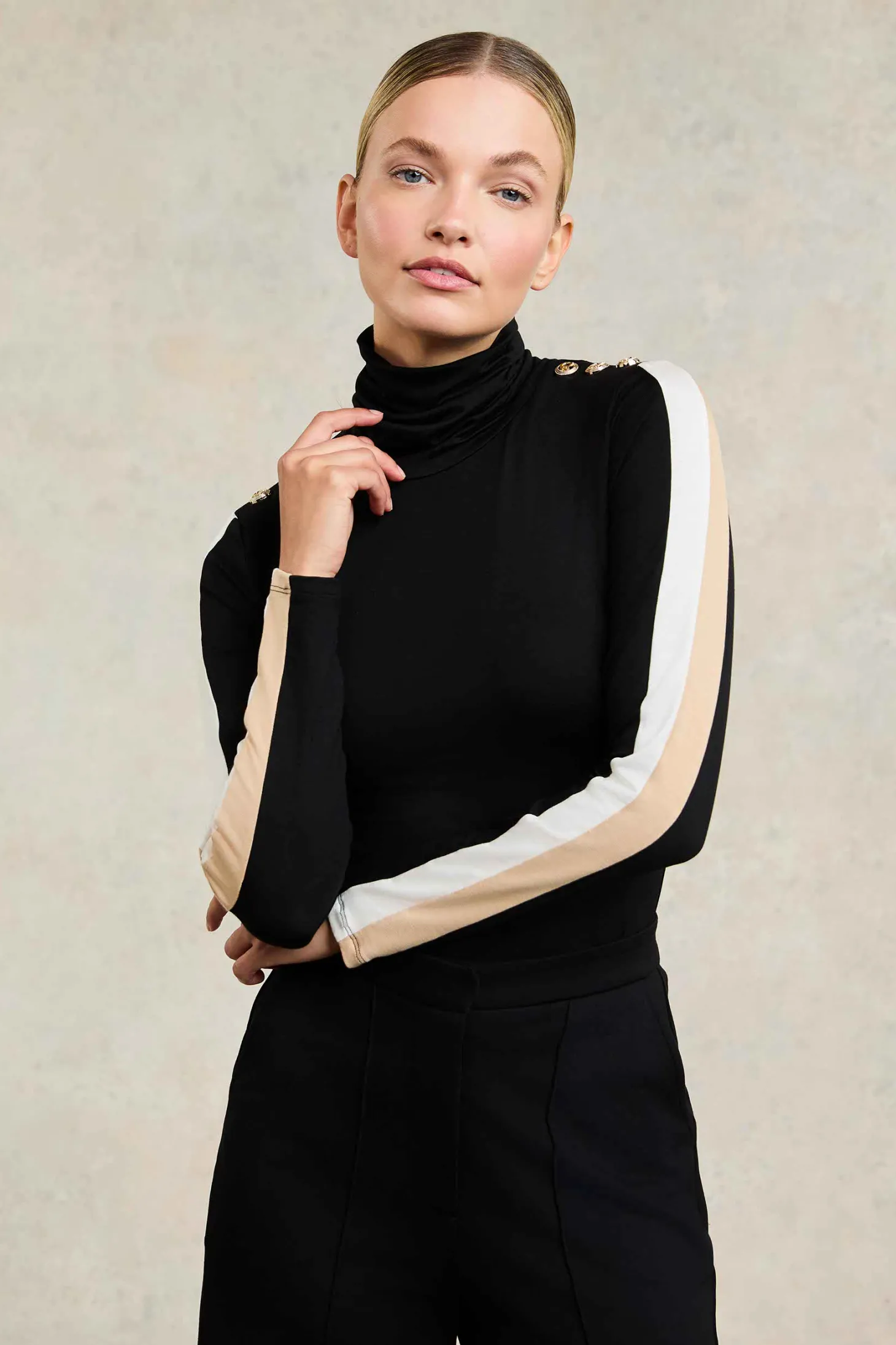 Women Holland Cooper Tops | Panel Long Sleeve Roll Neck (Black Camel)