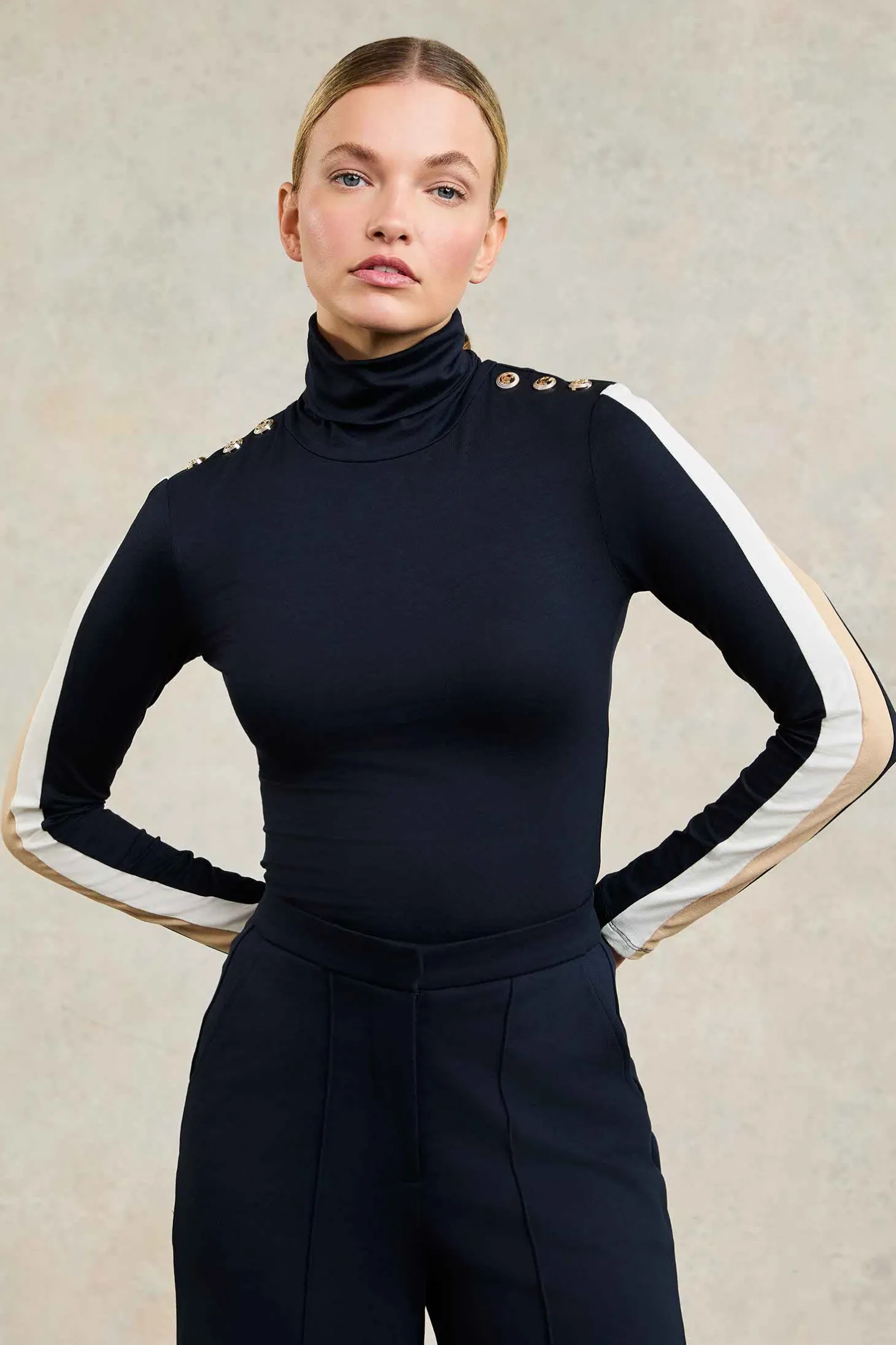 Women Holland Cooper Tops | Panel Long Sleeve Roll Neck (Navy Ecru)