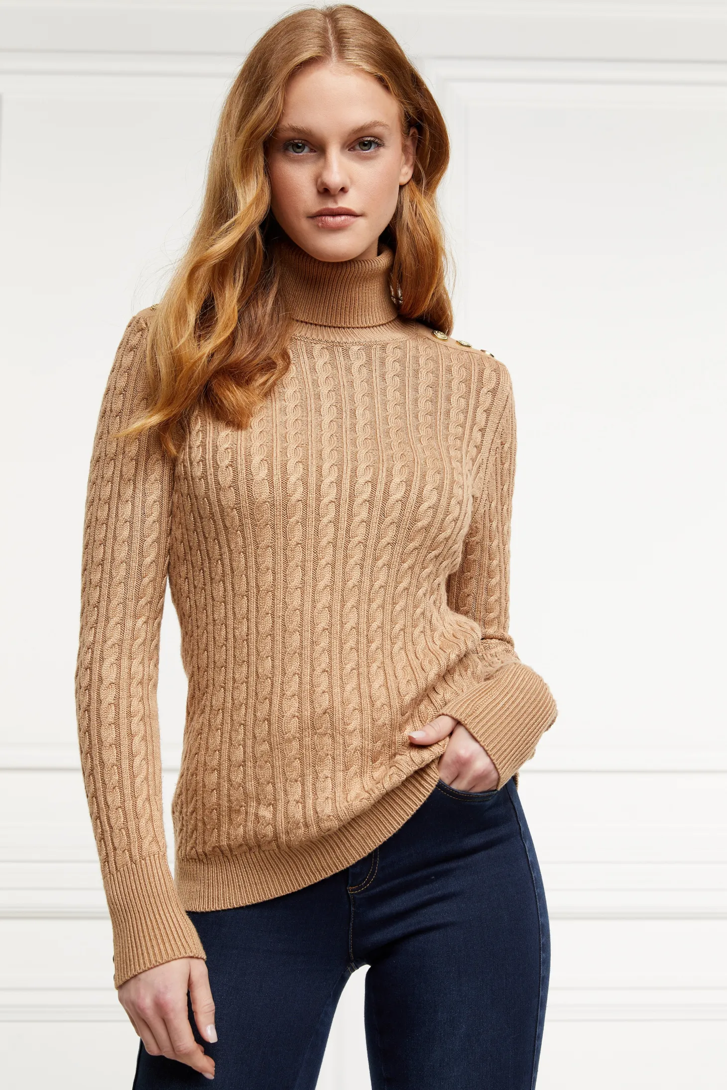 Women Holland Cooper Knitwear | Seattle Roll Neck Cable Knit (Dark Camel Marl)