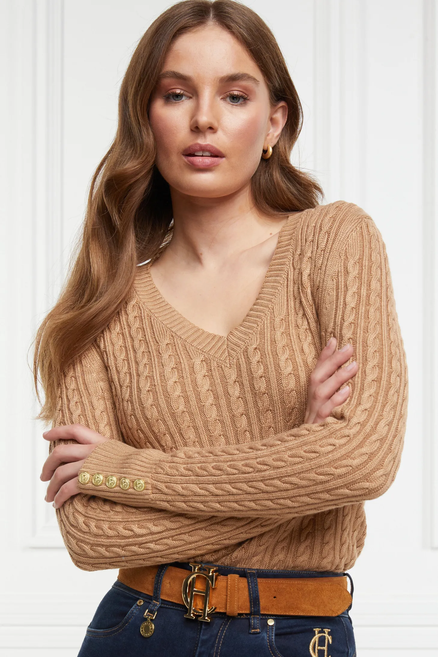 Women Holland Cooper Knitwear | Seattle V-Neck Knit (Dark Camel)